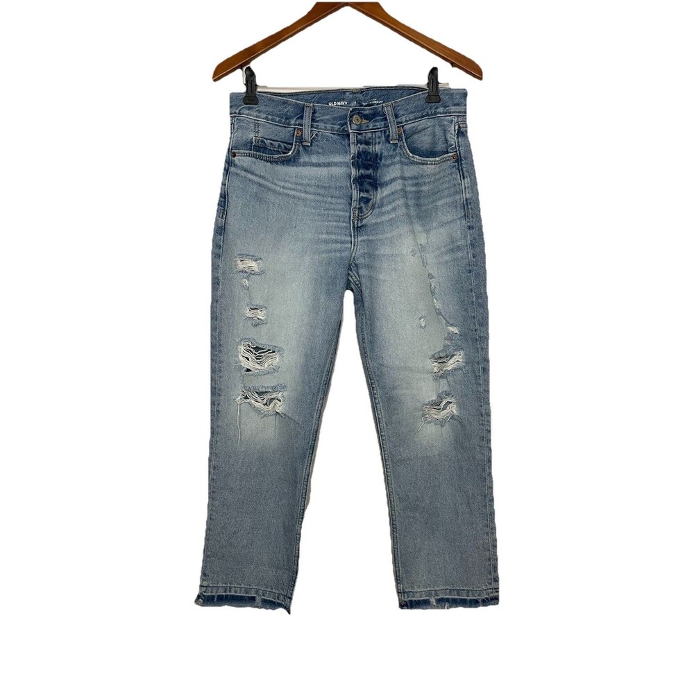 Old Navy Womens 4 High Rise Slouchy Straight Light Wash Distressed Cropped Jeans